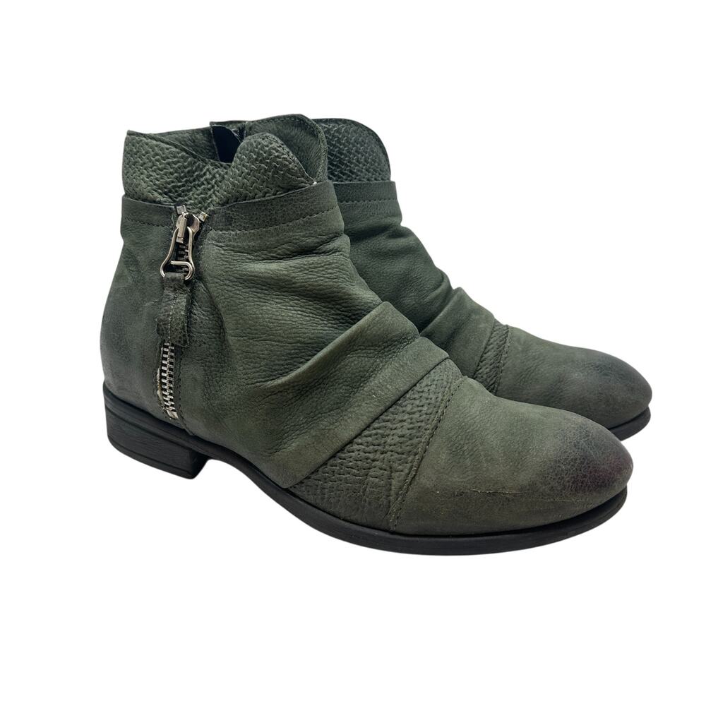 Miz Mooz Sunny Green Leather‎ Ankle Booties Boots Ruched Zip EU 36 US 6 Womens